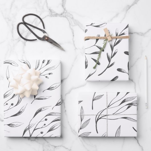Gray en White Botanical Wrapping Paper Set (Voorkant)