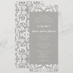Gray en White Lace Floral Damask Wedding Kaart