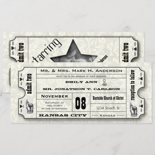 Gray Floral Modern Typography Ticket Wedding Kaart (Voorkant / Achterkant)