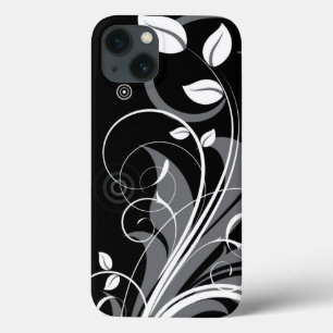 Gray Floral Pattern op Black iPhone 13 Hoesje
