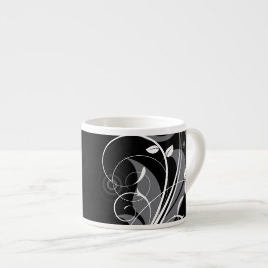 Gray Floral Pattern op Black Espresso Kop (Voorkant rechts)