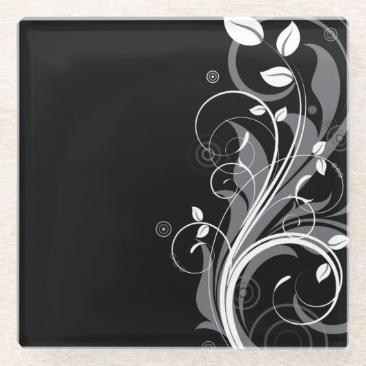 Gray Floral Pattern op Black Glazen Onderzetter (Voorkant)