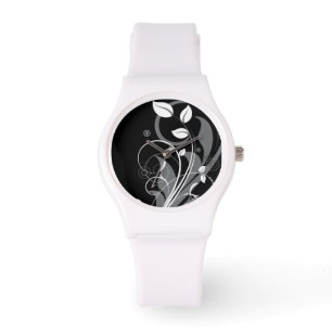 Gray Floral Pattern op Black Horloge