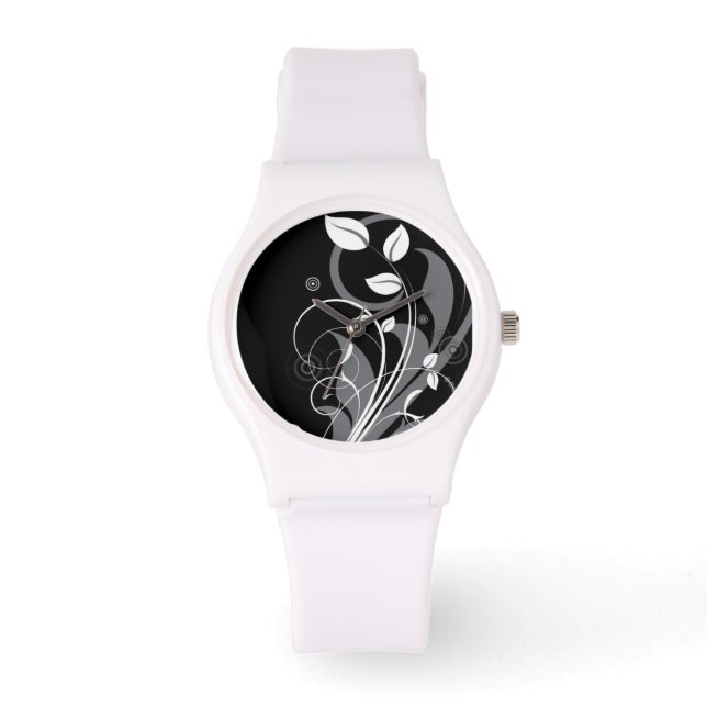 Gray Floral Pattern op Black Horloge (Voorkant)
