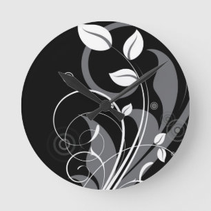 Gray Floral Pattern op Black Ronde Klok