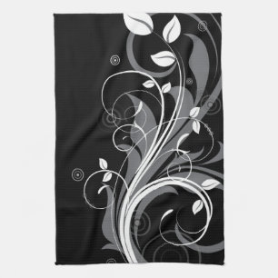 Gray Floral Pattern op Black Theedoek