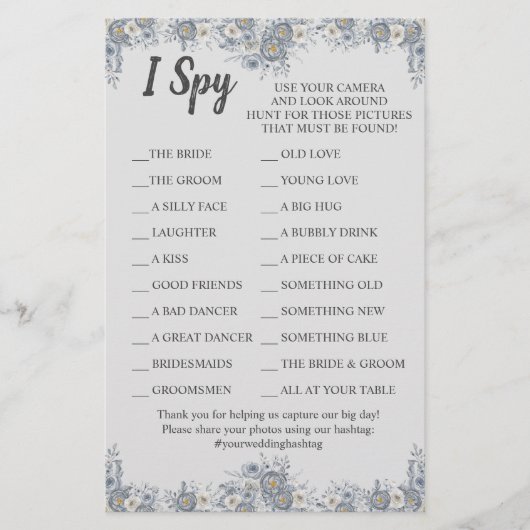 Gray Floral Wedding Reception I Spy Game Kaart (Voorkant)