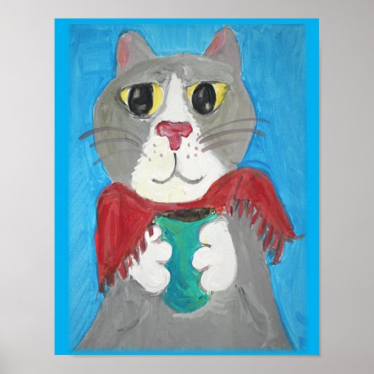 Gray Folk Art Cat met koffie schilderen Poster (Voorkant)