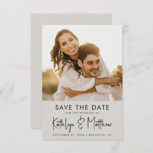 Gray Fun Script Modern Photo Minimalist Weddenscha Save The Date (Voorkant / Achterkant)
