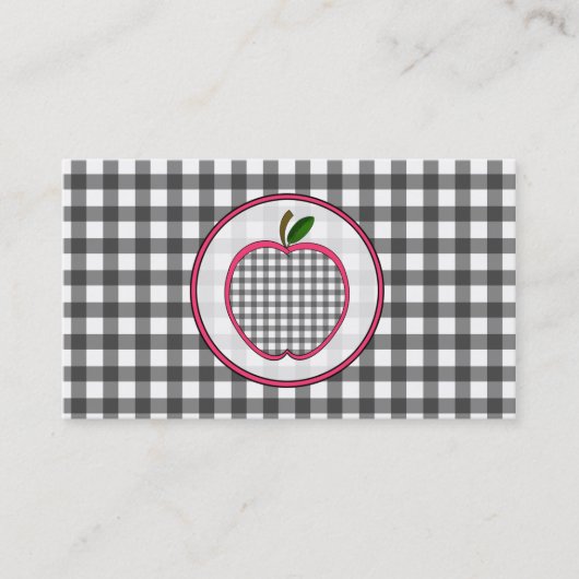 Gray Gingham Apple Mode Teacher Visitekaartje (Voorkant)