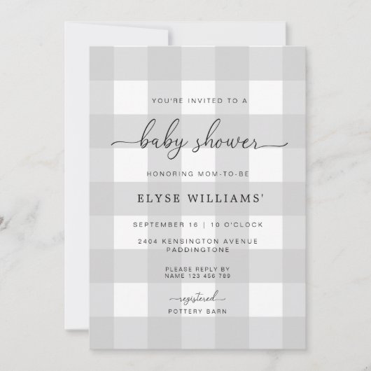Gray Gingham Baby shower Uitnodiging (Voorkant)
