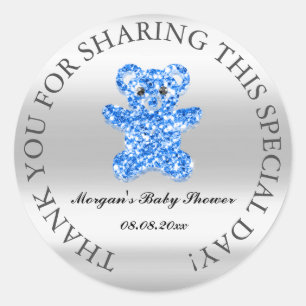 Gray Glitter Baby shower Favor Hartelijk dank Blau Ronde Sticker
