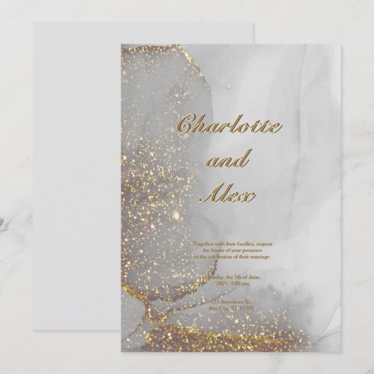 Gray Glitter Chic Alcohol Ink Wedding Invitation (Devant / Derrière)