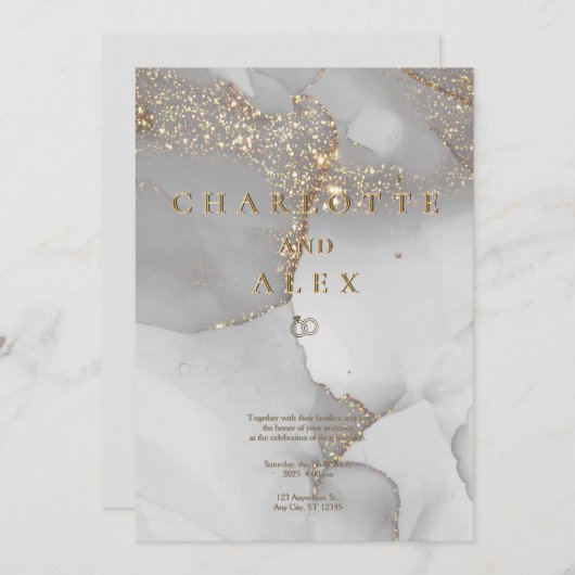 Gray Glitter Chic Alcohol Ink Wedding Invitation (Devant / Derrière)