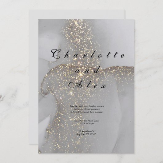 Gray Glitter Elegant Ink Wedding Invitation Kaart (Voorkant / Achterkant)