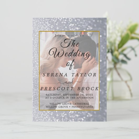 Gray Glitter Elegant Vellum Wedding Invitation Kaart (Staand voorkant)