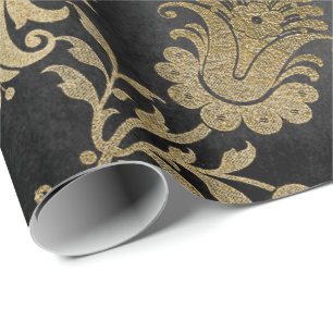 Gray Gold Floral Black Cottage Damask Graphite Cadeaupapier