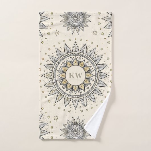 Gray Gold Mandala Pattern Monogram (Serviette à main)