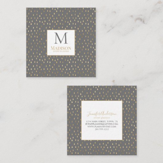 Gray Gold Raindrop Modern Trendy Monogram Vierkante Visitekaartje (Voorkant / Achterkant)