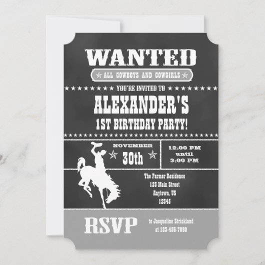Gray Gray Chalkboard Cowboy Birthday Uitnodiging (Voorkant)