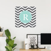 Gray Gray Mint Chevron Monogram Poster (Thuiskantoor)