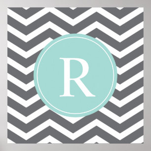 Gray Gray Mint Chevron Monogram Poster