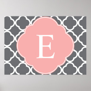 Gray Gray Peach Quatrefoil Monogram Poster