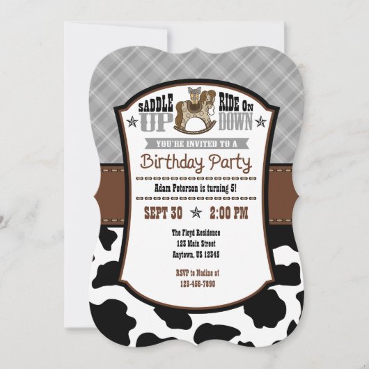 Gray Gray Pset Koeienhuid Cowboy Birthday Invite Kaart (Voorkant)