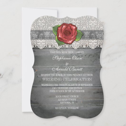 Gray Gray Rustic Wood Roos Wedding Invite Kaart (Voorkant)
