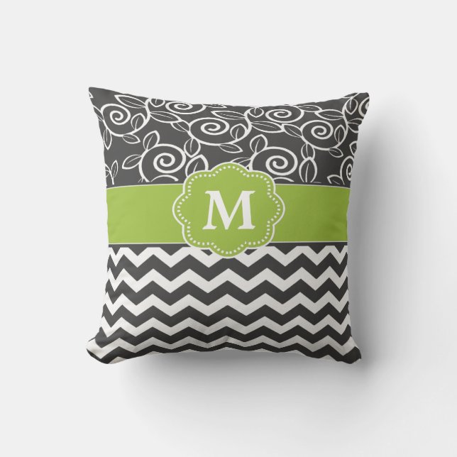 Gray Green Chevron Monogram Kussen (Voorkant)