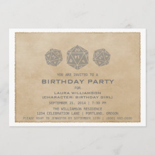 Gray Grunge D20 Dice Gamer Birthday Party Invite Kaart