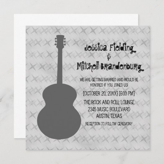 Gray Guitar Grunge Wedding Invite Kaart (Voorkant / Achterkant)