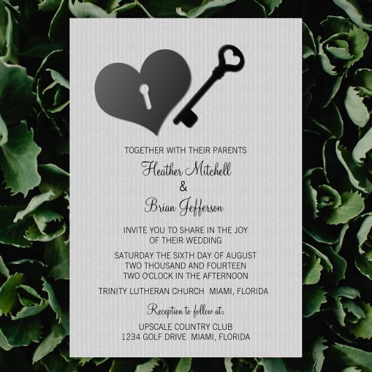 Gray Heart Lock en Key Wedding Invite Kaart