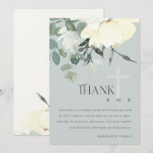 GRAY IVORY WHITE AQUA FLORAL FIRST HOLY COMMUNION BEDANKKAART (Voorkant / Achterkant)