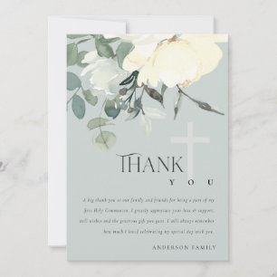 GRAY IVORY WHITE AQUA FLORAL FIRST HOLY COMMUNION BEDANKKAART