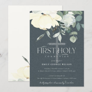 GRAY IVORY WHITE AQUA FLORAL FIRST HOLY COMMUNION KAART