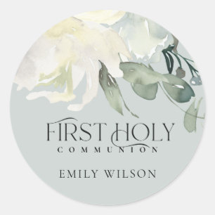 GRAY IVORY WHITE FLORAL AQUA FIRST HOLY COMMUNION RONDE STICKER