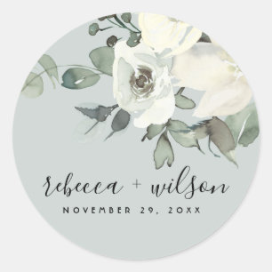 GRAY IVORY WHITE FLORAL WATERVERF BUNCH WEDING RONDE STICKER