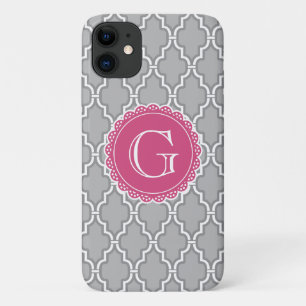 Gray Lattice Floral Pink Monogram iPhone 11 Hoesje