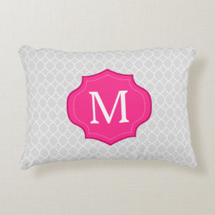 Gray Lattice Pattern Hot Pink Monogram Decoratief Kussen