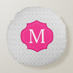 Gray Lattice Pattern Hot Pink Monogram Rond Kussen