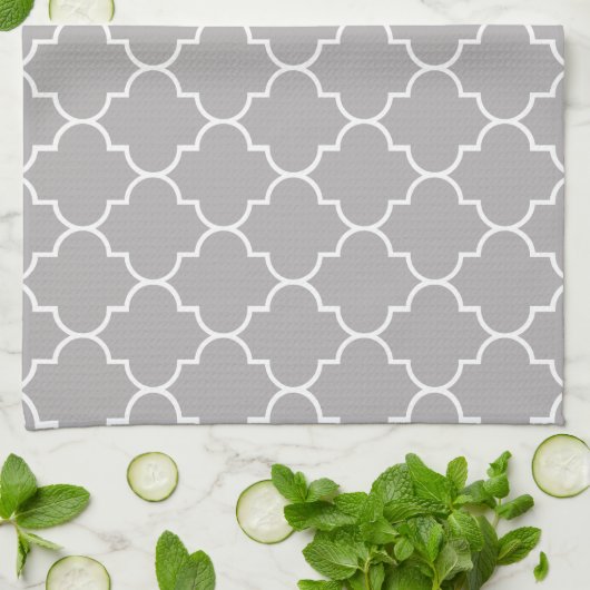 Gray Latticework, Quatrefoil, Marokkaanse Trellis Theedoek (Gevouwen)