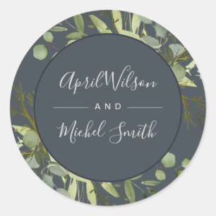 GRAY LEAFY GREEN GOLD FOLIAGE WATERVERF WEDDING RONDE STICKER