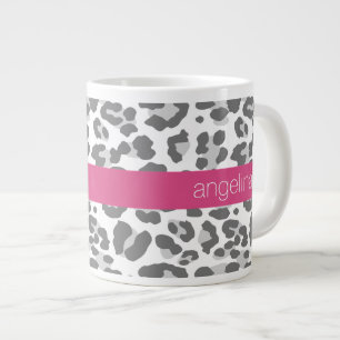 Gray Leopard Print Patroon met Roze Naam Extra Grote Mok