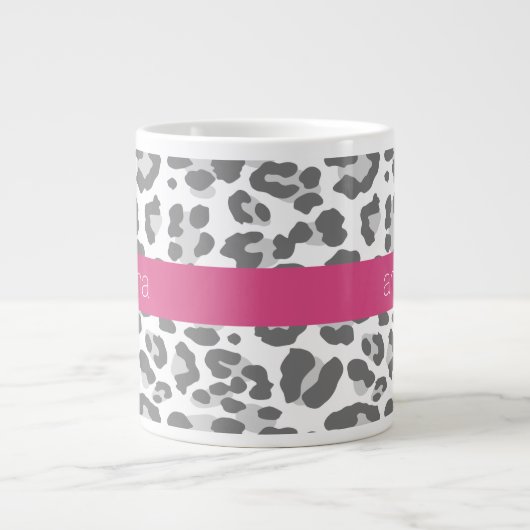 Gray Leopard Print Pattern met Roze naam Extra Grote Mok (Voorkant)