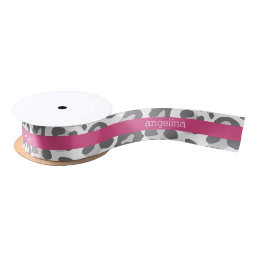 Gray Leopard Print Pattern met Roze naam Lint (Spoel)