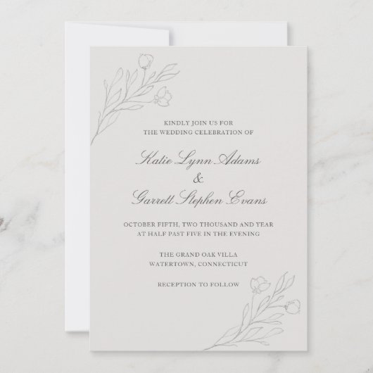 Gray Line Art Flowers Elegant Wedding Kaart (Voorkant)