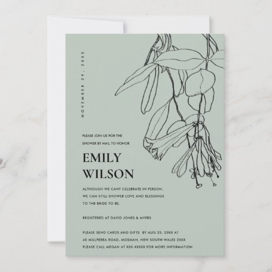 GRAY LINE DRAWING FLORAL SHOWER BY MAIL INVITE BEDANKKAART (Voorkant)