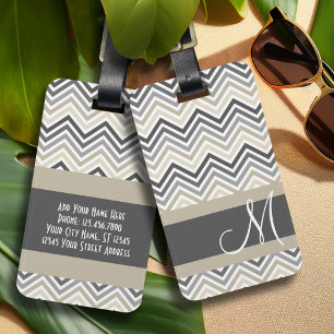 Gray & Linen Beige Chevron Pattern met monogram Bagagelabel