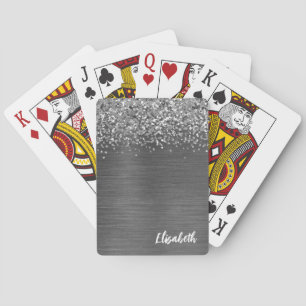 Gray Metallic Silver Glitter Girly Monogram Naam Pokerkaarten